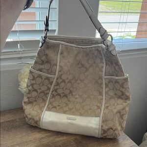 Coach Beige Signature Canvas Shoulder Bag with Cream Trim